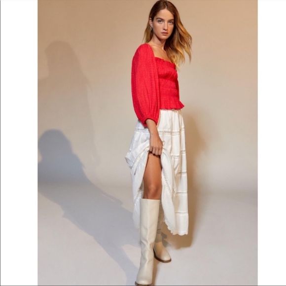 Urban Outfitters Vida Red Smocked Crisscross  Tie Back Off Shoulder Blouse XS - Picture 5 of 8